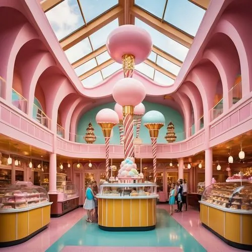 this restaurant features a pink ceiling and colorful walls,patisserie,bakeries,pastry shop,ice cream parlor,bakery,french confectionery