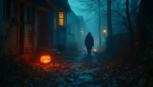 halloween random scene from horror movie,a man walking down a path with glowing jack o lanterns,halloween background,halloween wallpaper,halloween illustration,halloween scene,halloween poster,hallowe