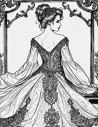 Create a digital portrait of a regal figure in a luxurious gown, adorned with intricate gold embroidery and delicate gemstones. The dress should be an elegant blend of dark and light fabrics, with flo