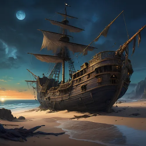 an illustration of a pirate ship on the beach,galleon ship,pirate ship,sea sailing ship,galleon,ghost ship,sailing ship,sail ship,sea fantasy,merchantman,sailing ships,pirate treasure,shipwrecks,agrou