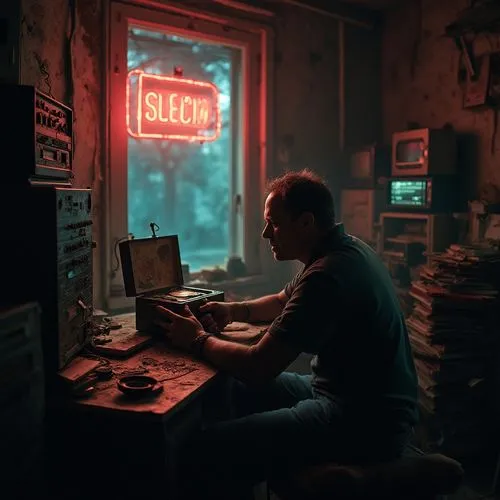 Within a decrepit apartment, illuminated solely by the flickering light of a malfunctioning neon sign outside the window, a man sits at a cluttered desk. Surrounded by obsolete electronics and stacks 