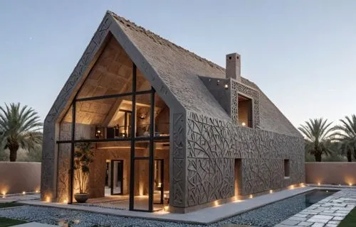 an open air home has a thatched roof and lights on it,dunes house,holiday villa,modern house,cubic house,beautiful home,private house,luxury home,timber house,luxury property,pool house,house shape,mo