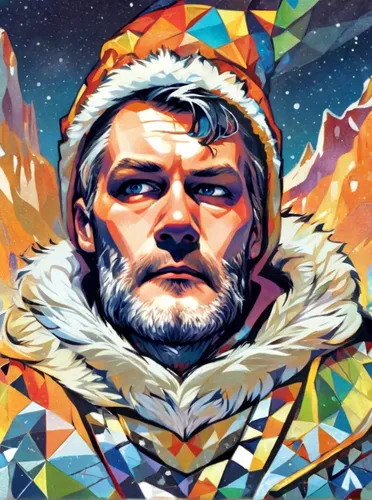 portrait of a happy man in bright polygonal in the mosaic style of Alexander Deineka, in the background there are snowy mountains, northern lights, penguins.,father frost,christmas banner,christmasbac