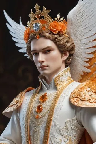 male angel, wings, full body, intricate, detailed, digital painting, art station, 3D, orange wings with white glitter, large detailed wings, clear eyes and deep gaze, beautiful and perfectly detailed 
