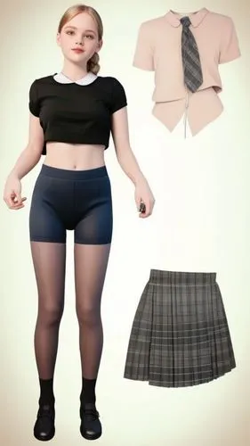 Paper doll 2d cartoon british schoolgirl in white t shirt ,black spandex shorts with black sock and black shoe standing surrounded by with a set of British  school uniform, white dress shirt, plaid bl
