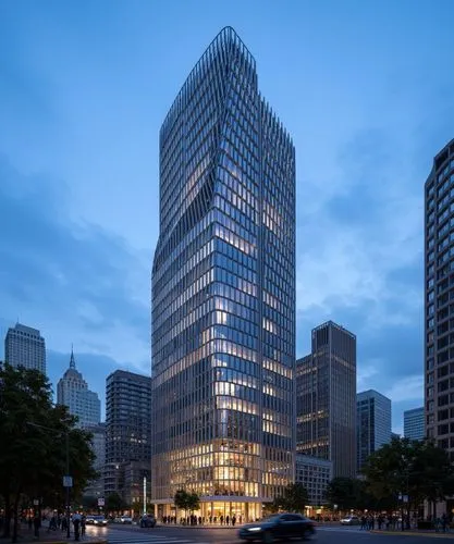 A architectural rendering, realistic, shooting the office high-rise buldings, modern contemporaty architecture, curvy facade, with grey curtain wall glass, and vertical fins by white aluminium, the bu