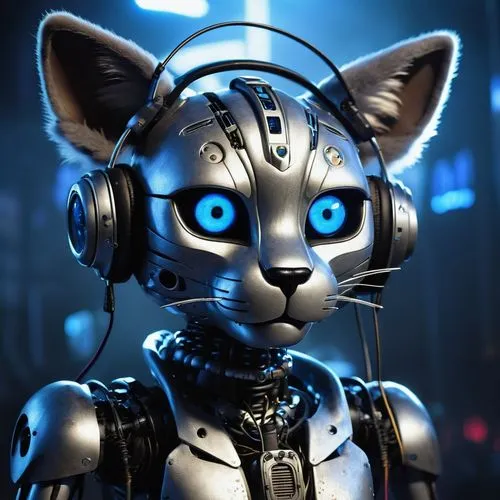 FNAF cat animatronic, robotic body, shimmering silver fur, glowing blue eyes, futuristic headset, mechanical limbs, hydraulic system, detailed metallic texture, neon lights, dark abandoned stage, fogg
