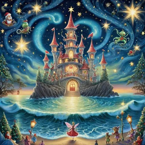 christmas ocean city alien nut cracker suite illusionary starry sky scream,a picture of a very large castle in the sky,fairy tale castle,elves flight,fairyland,fairy world,santa's village,fairytale ca