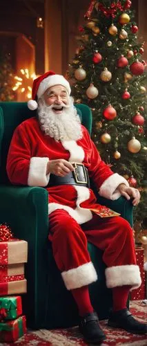 Anta Baka, Santa Claus, jolly old man, white beard, red hat, red coat, black belt, golden buckle, holding a gift bag, laughing, sitting on a throne, festive background, Christmas tree, colorful orname