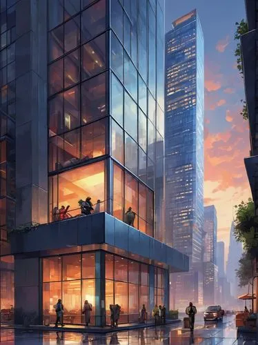 Modern skyscraper, sleek lines, minimalist design, large glass windows, steel frame structure, reflective surfaces, urban cityscape, busy streets, metropolitan atmosphere, 3/4 composition, low-angle s