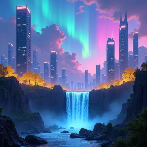 A mesmerizing digital artwork: An intricate, futuristic city with a gigantic waterfall in the foreground, with towering skyscrapers and neon lights enhancing its otherworldly appearance. The central f