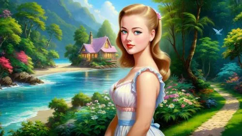 Romantic masterpiece oil painting, cute girl portrait, nostalgic 1950's style kitsch, vibrant seaside cottage landscape, lush tropical rainforest, summer beach scenery, by Thomas Kinkade, by Bob Ross,