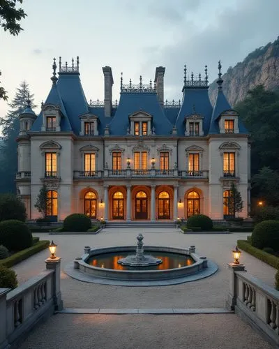 A majestic French Renaissance-style château, intricately crafted from pale limestone, stands at the end of a grand, gravel-covered driveway. Tall, slate-gray mansard roofs, symmetrical chimneys, and d