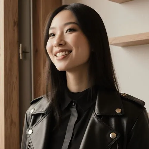 girl, solo, upper body, smile, long hair,
,an attractive woman wearing a black jacket and smiling,lieu,leather jacket,winner joy,female model,portrait background,a girl's smile,jacket,wooden backgroun