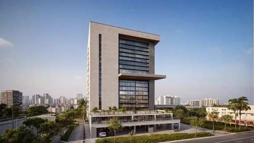 building with parking podium,a tall building sitting in the middle of a city,residential tower,penthouses,high rise building,modern building,modern architecture,high-rise building,renaissance tower,co