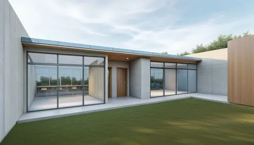 the front entrance of the building with large windows and a lawn,modern house,3d rendering,sketchup,revit,passivhaus,renderings,prefab,render,prefabricated,smart house,cubic house,duplexes,modern arch