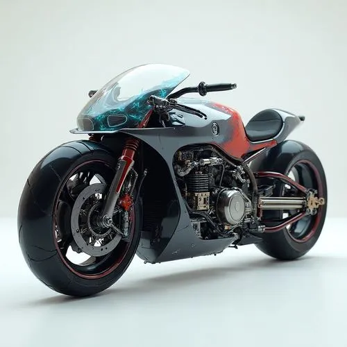 A futuristic electric motorcycle designed for the urban commuter. The body is sleek and compact, with sharp, angular lines and a lightweight aluminum frame. The wheels are integrated into the body to 