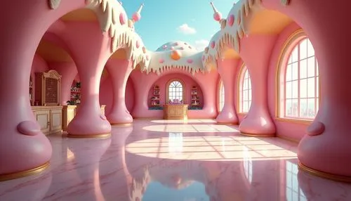 Ice cream factory, large spaces, bright colors, ice cream-shaped ceiling, large windows, ice cream-shaped art objects, rich interior, children,a beautiful living room decorated in pink with sculptures