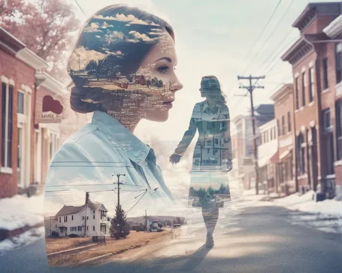 Craft a heartwarming tale of Macy finding true love in a small town.,double exposure,image manipulation,multiple exposure,digital compositing,photomanipulation,photo manipulation,connectedness,girl in