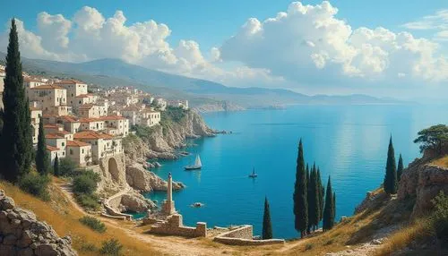 /imagine prompt: Ultra-photorealistic oil painting, classical landscape style of the Hudson River School. A breathtaking panoramic view of an ancient Mediterranean coastal village clinging to a sun-dr