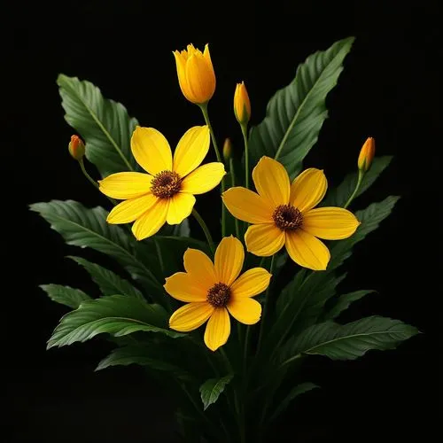 Create a vibrant, minimalist artwork featuring bright yellow flowers with delicate petals and dark centers, surrounded by lush green leaves. The background should be a deep black to enhance the contra