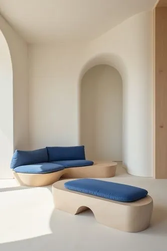 A tranquil and minimalist indoor design emphasizing organic forms and natural materials. The atmosphere is serene and spacious, featuring a neutral palette dominated by soft whites, warm beiges, and s