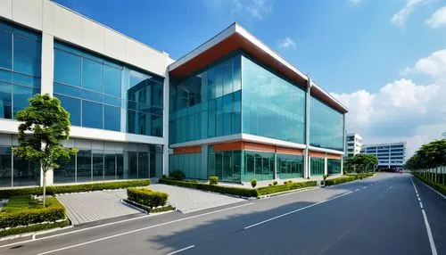 this building is surrounded by several large windows and a large parking lot,technopark,headoffice,biotechnology research institute,infotech,glass facade,office building,Photography,General,Realistic