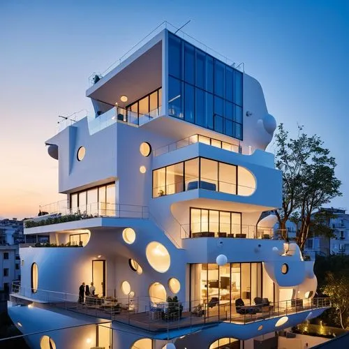a modern, futuristic apartment building with a highly unique and imaginative design. The building's façade is composed of a series of rounded, bubble-like structures of varying sizes, all in a soft, m