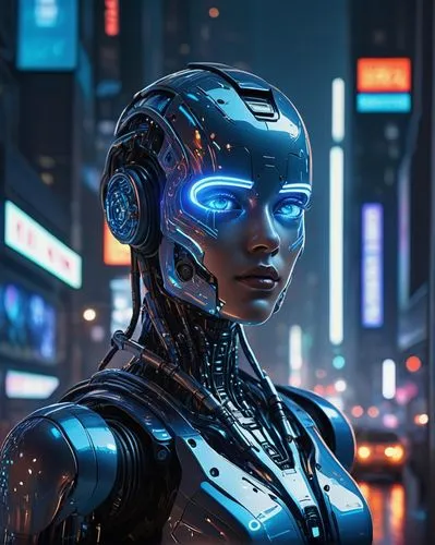 Highly detailed, realistic AI, futuristic sci-fi setting, metallic robot body, glowing blue circuits, intricate mechanical limbs, advanced artificial intelligence, holographic display, neon lights, ci