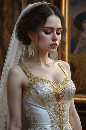 Glamorous female artist of soul music, full body, long hair, beautiful huge round chest, victorian gothpunk, by Gustav Klimt, hyper realistic, ultra detailed, gold white, 16k, 'I did not want this', r