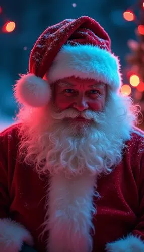A elegant Christmas wallpaper featuring Santa Claus, styled with neon lights tones, evoking a festive and cheerful atmosphere.,a person that is dressed like santa claus,santa claus,santa,christmas san