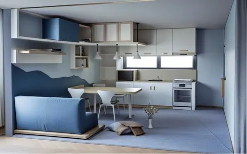 a modern apartment in a white and blue theme,sky apartment,modern room,inverted cottage,modern kitchen interior,interior modern design,appartement,scandinavian style,search interior solutions,an apart
