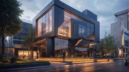 commercial plaza,a building with glass balconies on top of it,glass facade,lofts,modern architecture,penthouses,cubic house,glass facades,modern office,office buildings,cantilevers,cube house,modern b