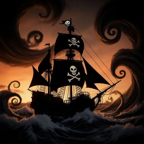 A gothic stop-motion fantasy scene inspired by The Nightmare Before Christmas, in vertical 2:3 composition, featuring a haunting pirate ship with towering black curling sails crossing a wild sea benea