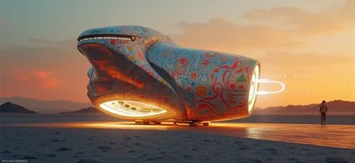 the futuristic home is designed to look like a house on wheels,teardrop camper,camper van isolated,camper on the beach,camper van,scrapped car,car sculpture,futuristic car,futuristic landscape,alien s