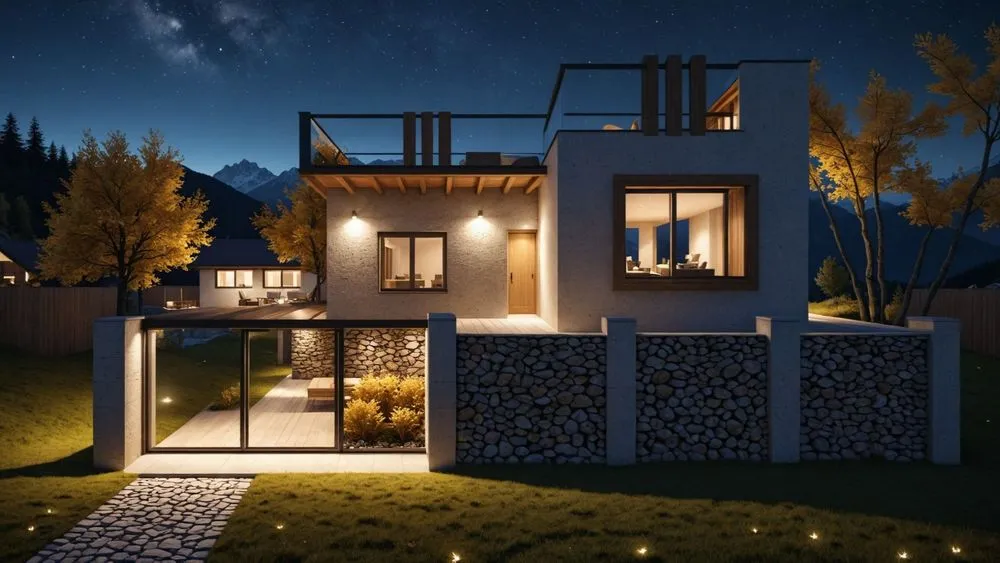 a lit up house on a hill by the night