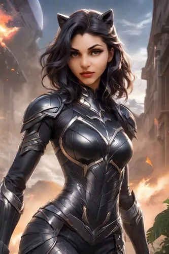 a woman in black cat suit with a sword,kittani,catwoman,morgana,cat warrior,yavana,vayne