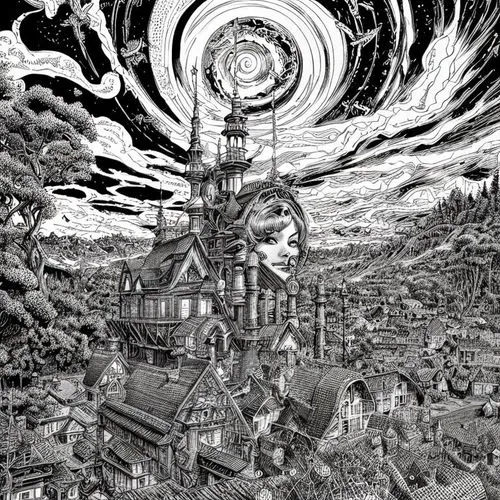 panopticon,tower of babel,apocalyptic,post-apocalyptic landscape,psychedelic art,dead earth,buddhist hell,clockmaker,gaia,fantasy world,sci fiction illustration,firmament,other world,temples,destroyed