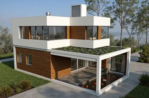 dos casas linderas , minimalistas , de estilos diferentes , con paredes de mamposteria estucada , en colores engamados y carpinterias de madera , panelo solar en el techo  y un jardin circundate , con