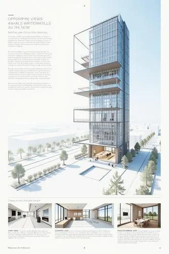 A professional architectural presentation board with a Pure background and a clean, minimalist design layout. The board includes:

Top Section: On the top left, a photorealistic render of a contempora