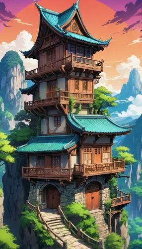 Description: The House of the Deranged Astrologer

Tortuous Structure: Made of rustic stone and crooked wood, with floors that appear to have been added idly over the years. A sloping roof with overla