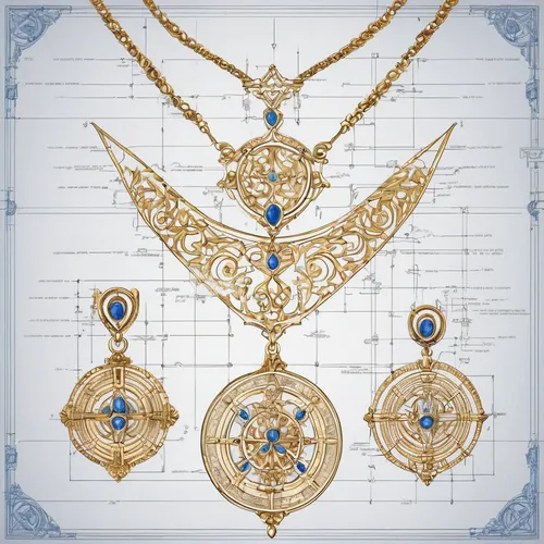 Medieval jewelry design, necklace and earrings, multi-layered, made of gold, detailed, high resolution, 8K,jewelry(architecture),gold ornaments,jewelries,order of precedence,motifs of blue stars,grave