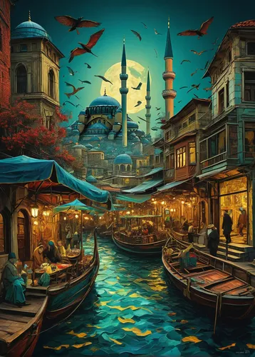 A fantastical cityscape (istanbul) where mythical creatures coexist with futuristic elements, a harmonious blend of the past and present and future, design in mind, impasto brush strokes by vincent va