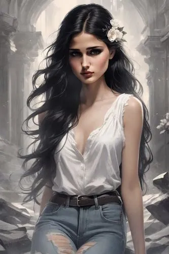 a detailed digital illustration of a fantastical scene, showcasing a collection of timeless beauty and elegance, the focus is on the timeless silhouette of a young woman, the main subject is drawn in 