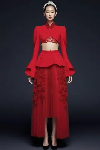 a fashion model  wearing red   crossed crop collar  top and thtree layers  side pleated skirt ,a woman wearing a long red gown and jacket,derivable,kawakubo,allude,siriano,lady in red,vionnet,mugler,c