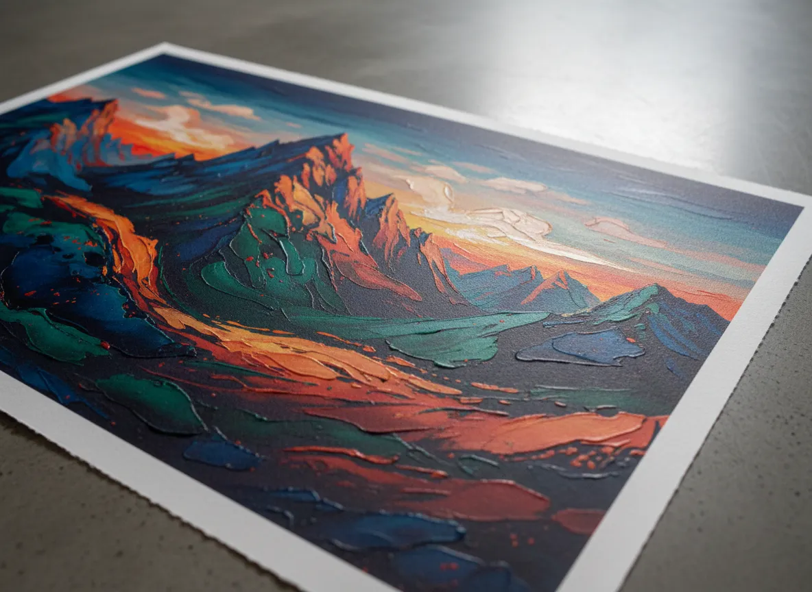Un primo piano di una stampa di alta qualità di un'opera d'arte astratta di paesaggio montano, che evidenzia i dettagli nitidi e le ricche texture.