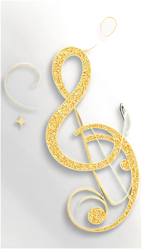 Music notes, golden treble clef, shiny surface, curved shape, delicate lines, ornate details, sparkles, glittering effect, transparent background, solo, centered composition, soft focus, warm lighting