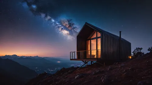 warm tropical architecture minimalist steel cabin in top of a mountain with the stars of the night timelapse, high quality, 8k