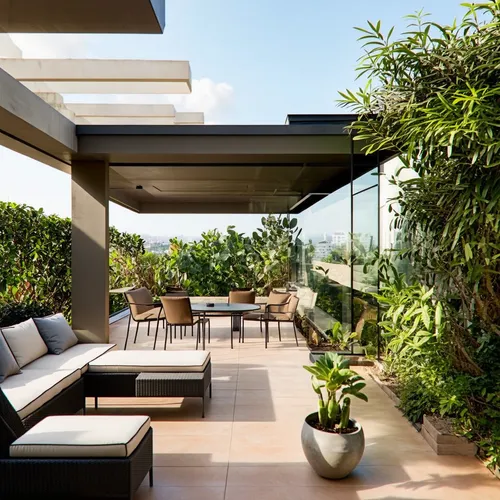 sala  de estar ,a large patio is set up on a roof terrace,roof terrace,roof garden,verandah,roof landscape,terrace,verandahs