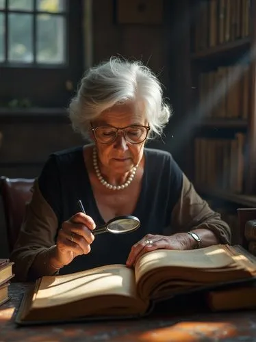 A refined elderly woman in an antique library, surrounded by leather-bound books. She’s in her 70s, with silver hair styled elegantly and wearing a timeless pearl necklace. Her expression is serene as